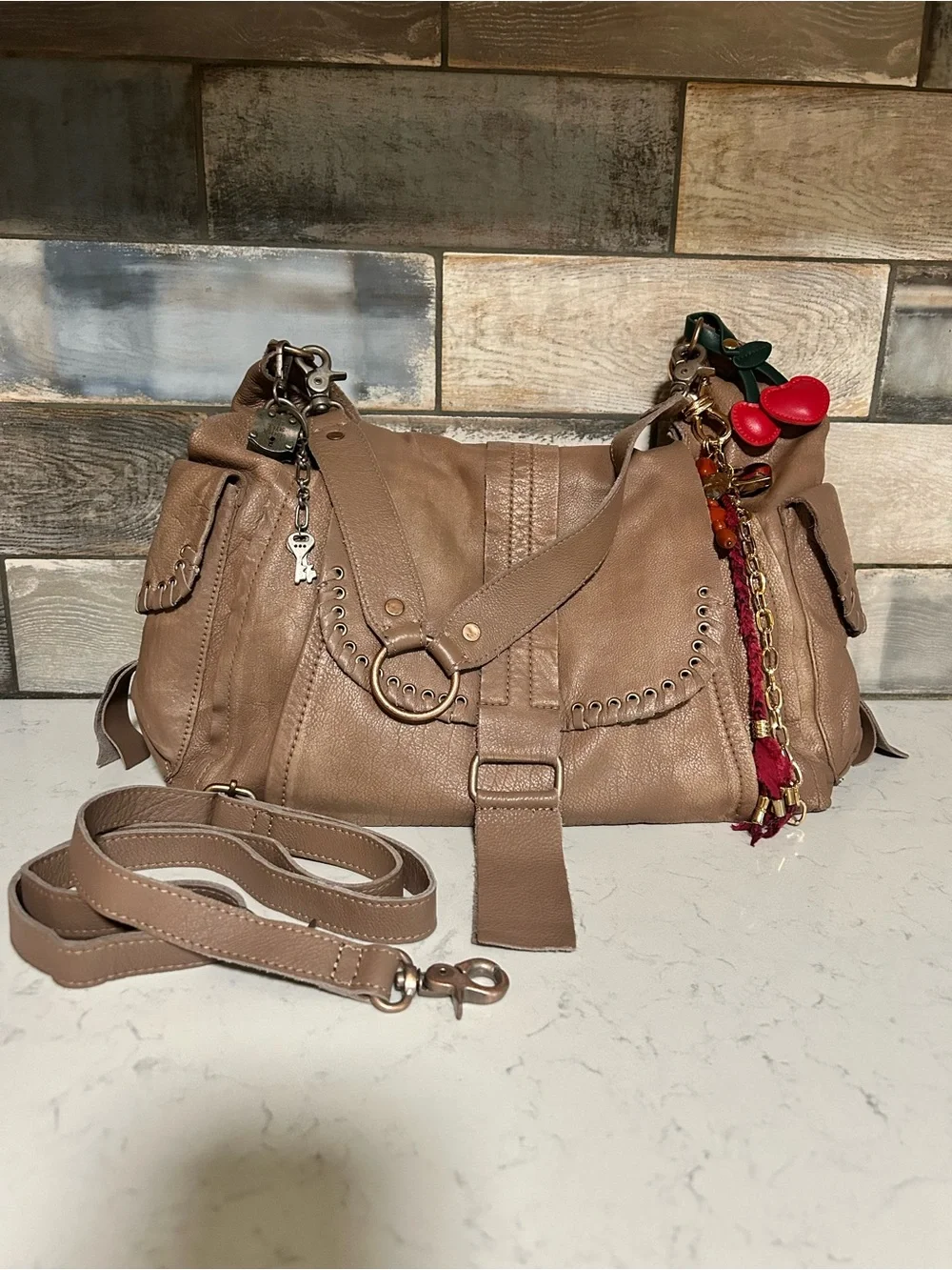 LIKE NEW We The Free Leigh Hobo Distressed Leather Tote in Saddle With Charms
